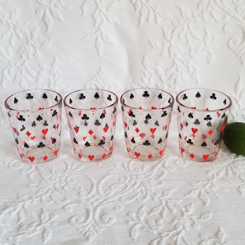 Vintage Set of 4 Glass Tumblers Playing Card Suits Cocktail Glasses